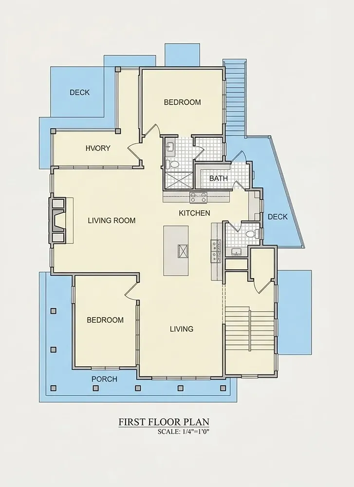 Pirmas Aukštas 9 – Trijų aukštų namo projektas 282 m²: 3 Miegamieji, Darbo kambarys, 5 Vonios, Atvira virtuvė, Garažas — 55837R