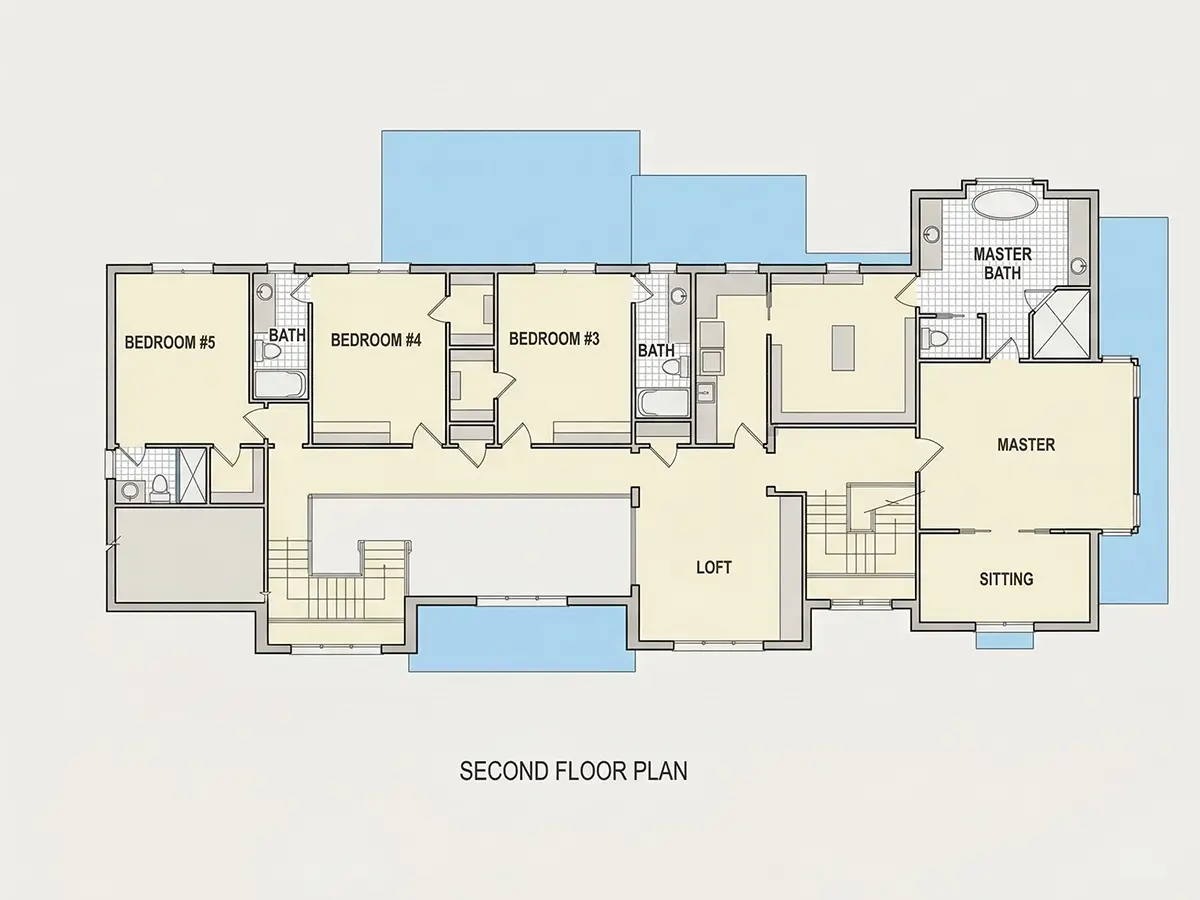 Antras Aukštas 10 – Dviejų aukštų namo projektas + rūsiu 632 m²: 5 Miegamieji, Darbo kambarys, 6 Vonios, Atvira virtuvė, Garažas — 85765R