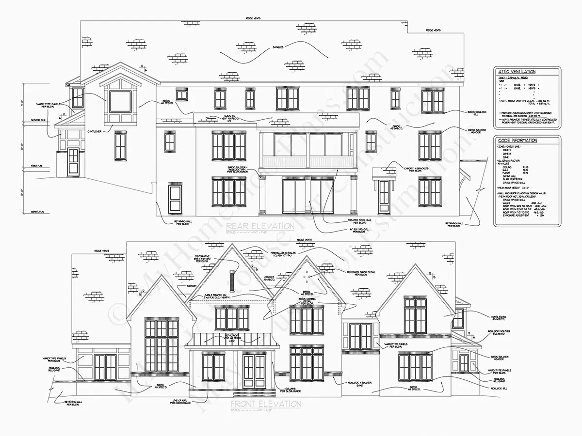 Fasadai 6 – Dviejų aukštų namo projektas + rūsiu 632 m²: 5 Miegamieji, Darbo kambarys, 6 Vonios, Atvira virtuvė, Garažas — 85765R