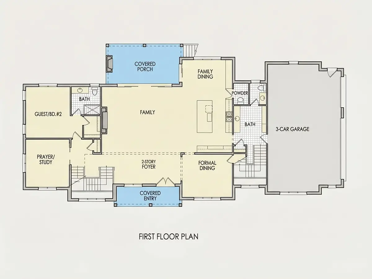 Pirmas Aukštas 9 – Dviejų aukštų namo projektas + rūsiu 632 m²: 5 Miegamieji, Darbo kambarys, 6 Vonios, Atvira virtuvė, Garažas — 85765R