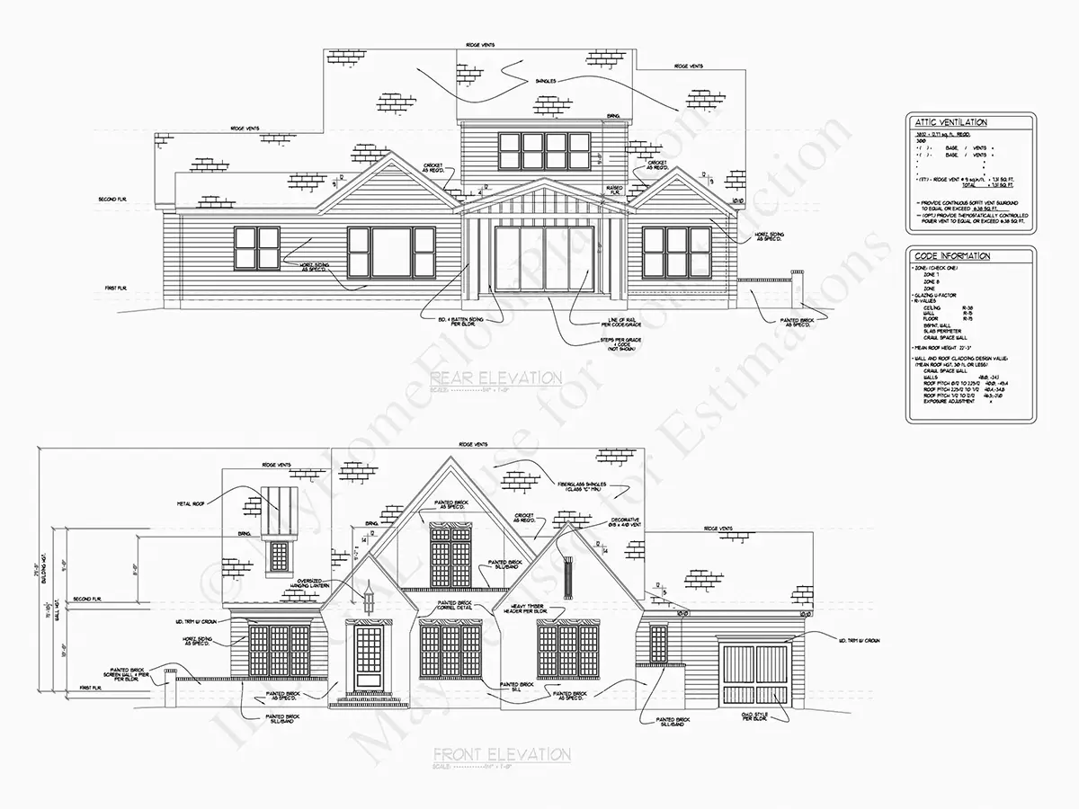 Fasadai 6 – Namo projektas su mansarda 379 m²: 4 Miegamieji, Darbo kambarys, 6 Vonios, Atvira virtuvė, Garažas — 15265R