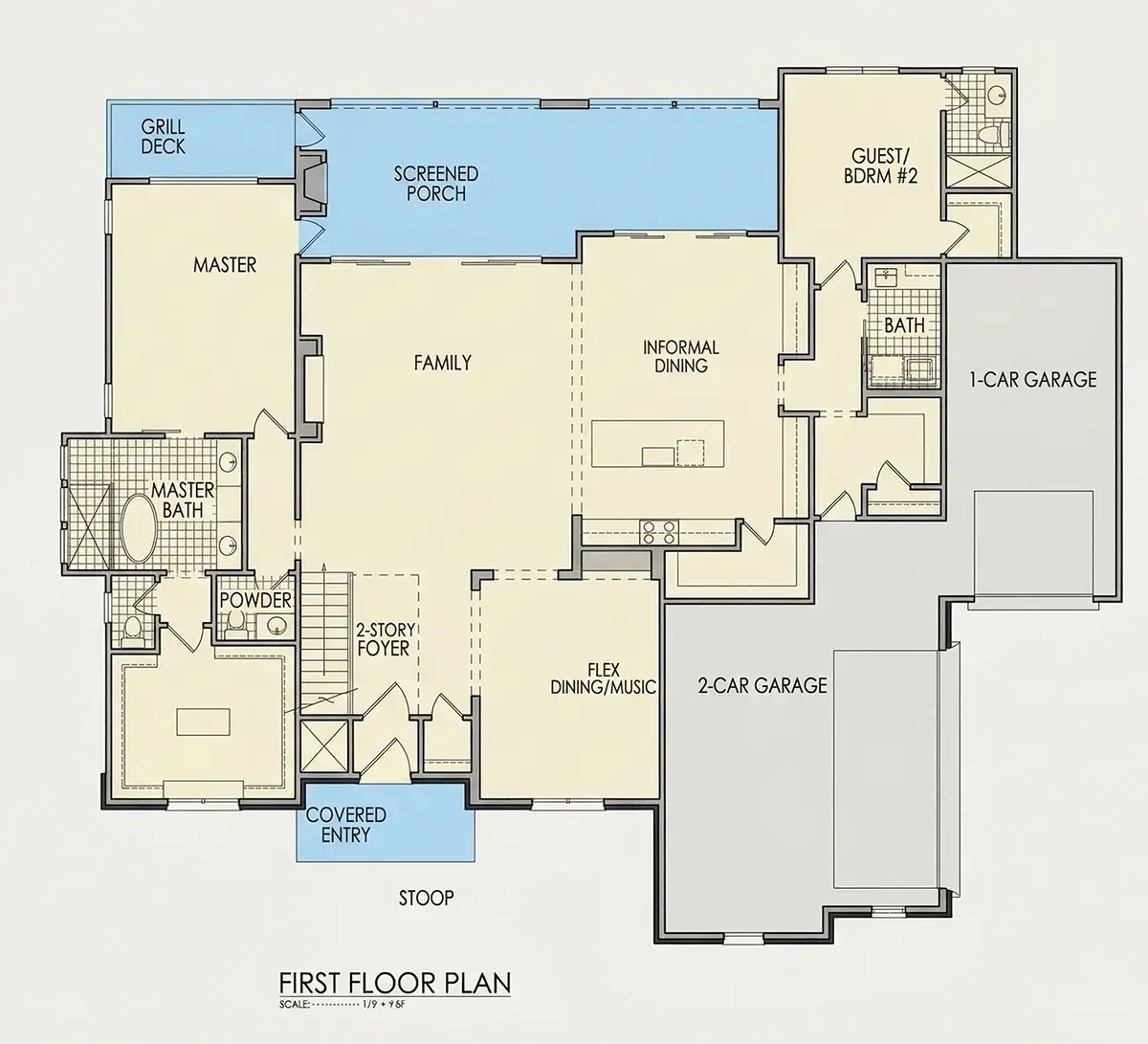 Pirmas Aukštas 14 – Dviejų aukštų namo projektas 381 m²: 4 Miegamieji, 5 Vonios, Atvira virtuvė, Garažas — 84914R