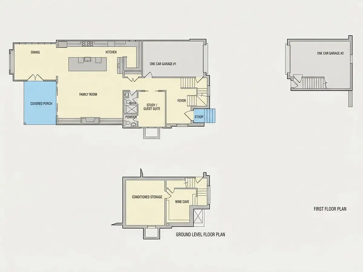 Pirmas Aukštas 9 – Dviejų aukštų namo projektas + rūsiu 414 m²: 4 Miegamieji, Darbo kambarys, 6 Vonios, Atvira virtuvė, Garažas — 50387R