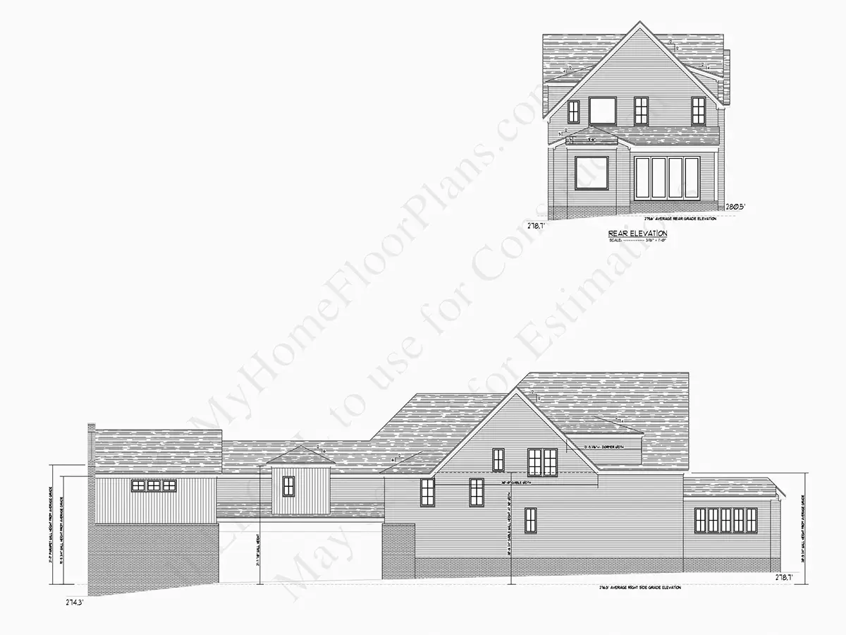 Fasadai 8 – Dviejų aukštų namo projektas + rūsiu 414 m²: 4 Miegamieji, Darbo kambarys, 6 Vonios, Atvira virtuvė, Garažas — 50387R