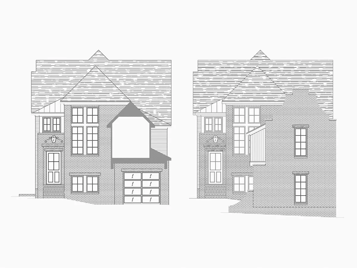 Fasadai 6 – Dviejų aukštų namo projektas + rūsiu 414 m²: 4 Miegamieji, Darbo kambarys, 6 Vonios, Atvira virtuvė, Garažas — 50387R