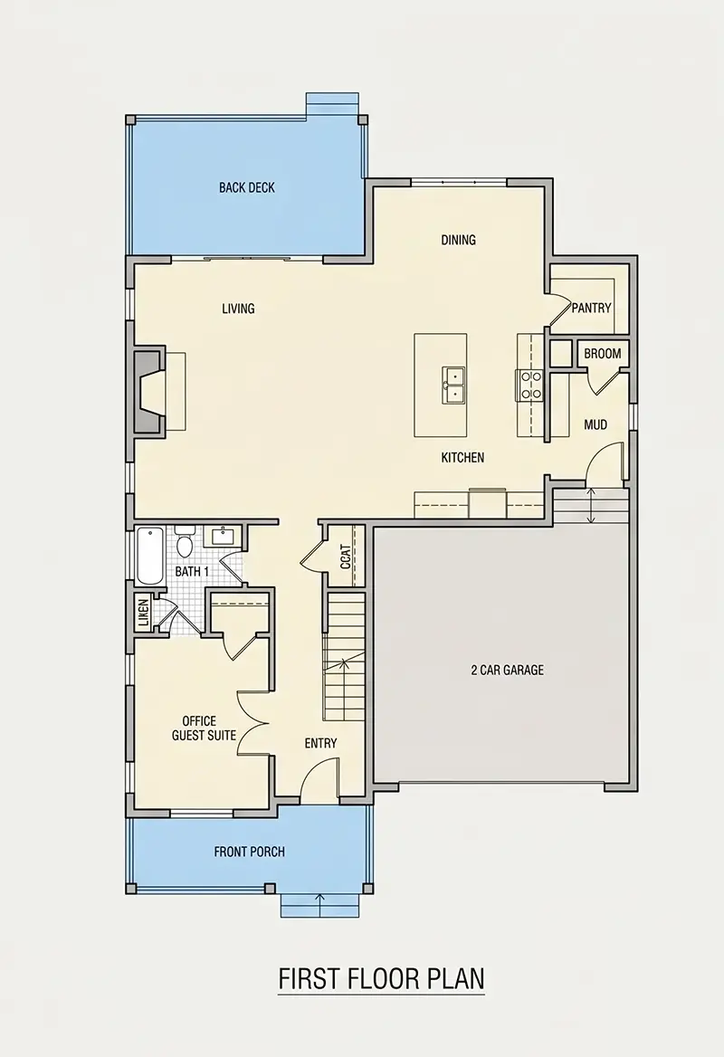Pirmas Aukštas 9 – Dviejų aukštų namo projektas 240 m²: 3 Miegamieji, Darbo kambarys, 3 Vonios, Atvira virtuvė, Garažas — 94159R