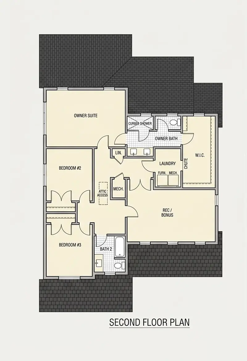 Antras Aukštas 10 – Dviejų aukštų namo projektas 240 m²: 3 Miegamieji, Darbo kambarys, 3 Vonios, Atvira virtuvė, Garažas — 94159R