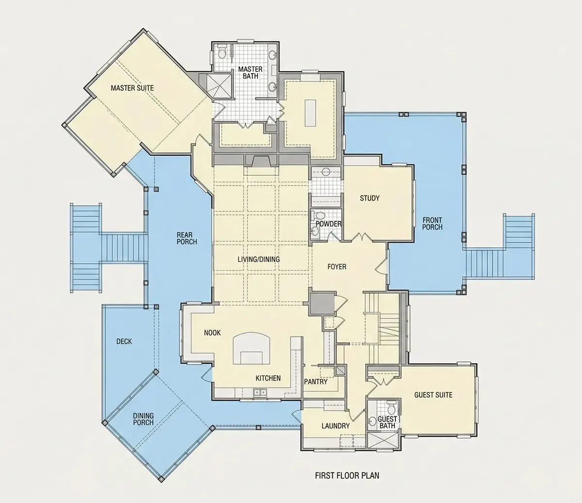 Pirmas Aukštas 33 – Trijų aukštų namo projektas 585 m²: 5 Miegamieji, Darbo kambarys, 7 Vonios, Atvira virtuvė, Garažas — 10297R