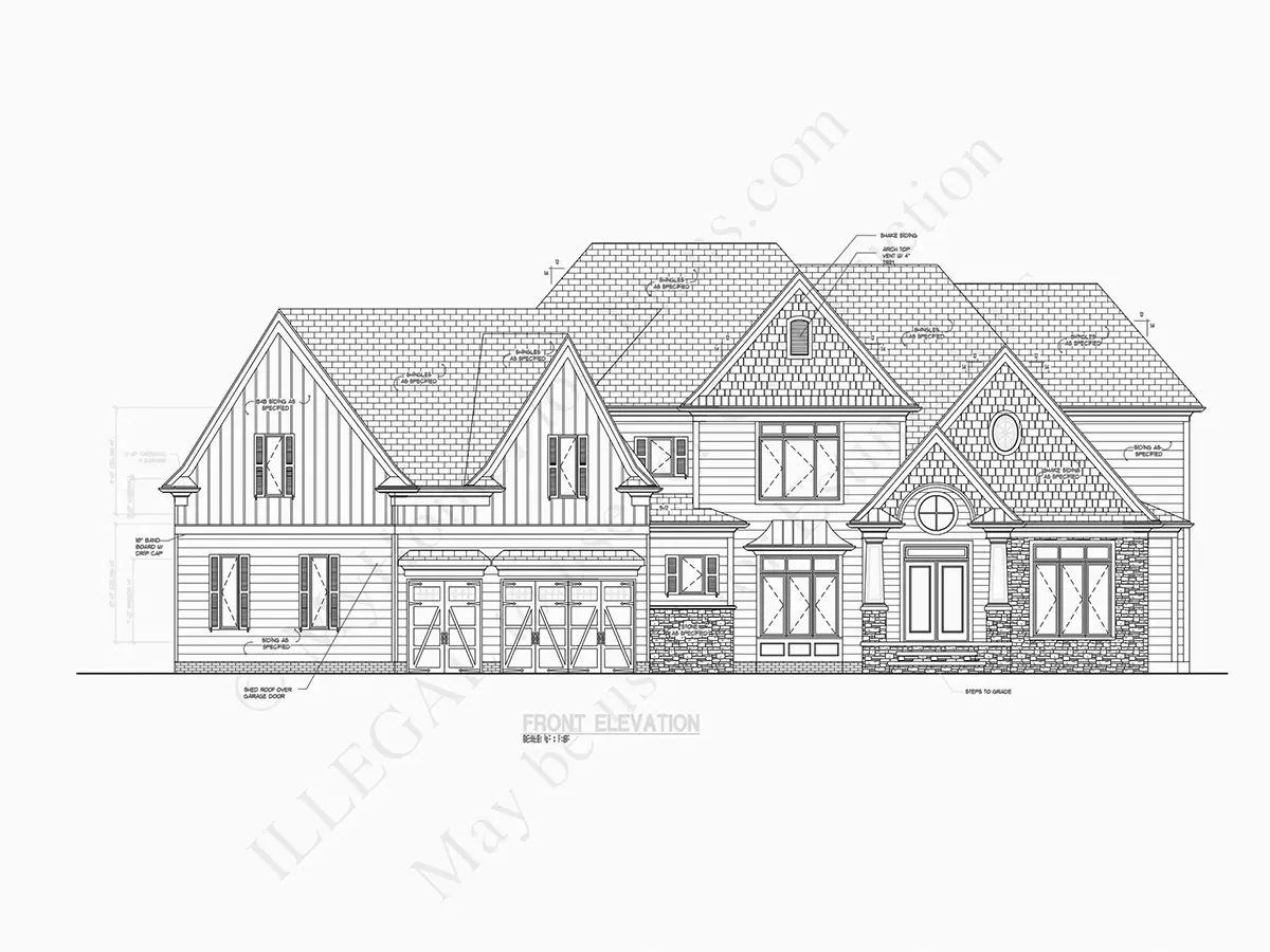 Fasadai 5 – Dviejų aukštų namo projektas 497 m²: 4 Miegamieji, Darbo kambarys, 6 Vonios, Atvira virtuvė, Garažas — 82132R