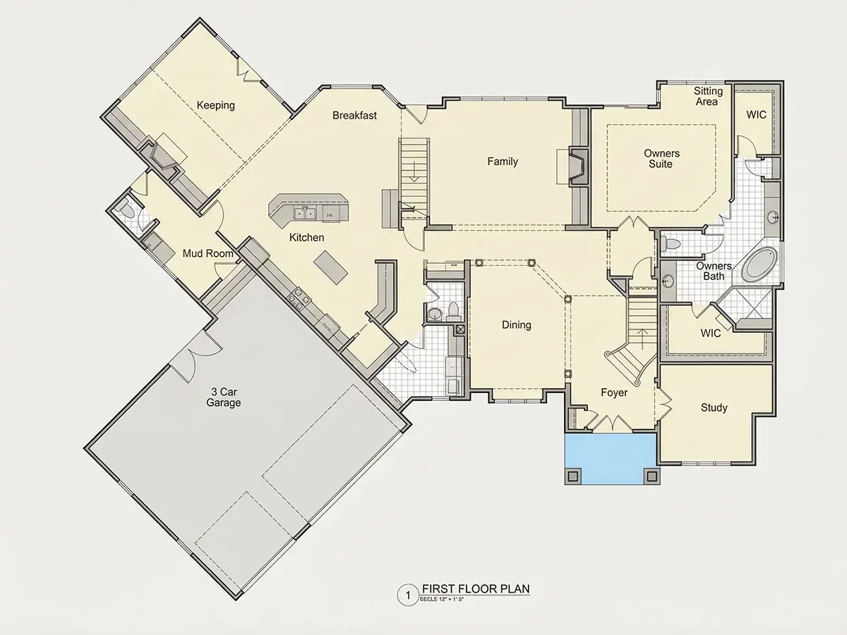 Pirmas Aukštas 9 – Dviejų aukštų namo projektas 497 m²: 4 Miegamieji, Darbo kambarys, 6 Vonios, Atvira virtuvė, Garažas — 82132R