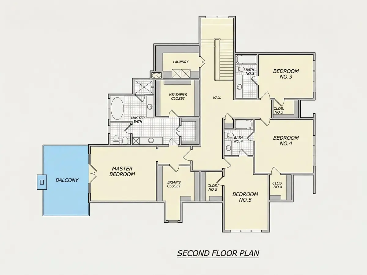 Antras Aukštas 34 – Dviejų aukštų namo projektas + rūsiu 630 m²: 6 Miegamieji, 6 Vonios, Atvira virtuvė, Garažas — 59624R