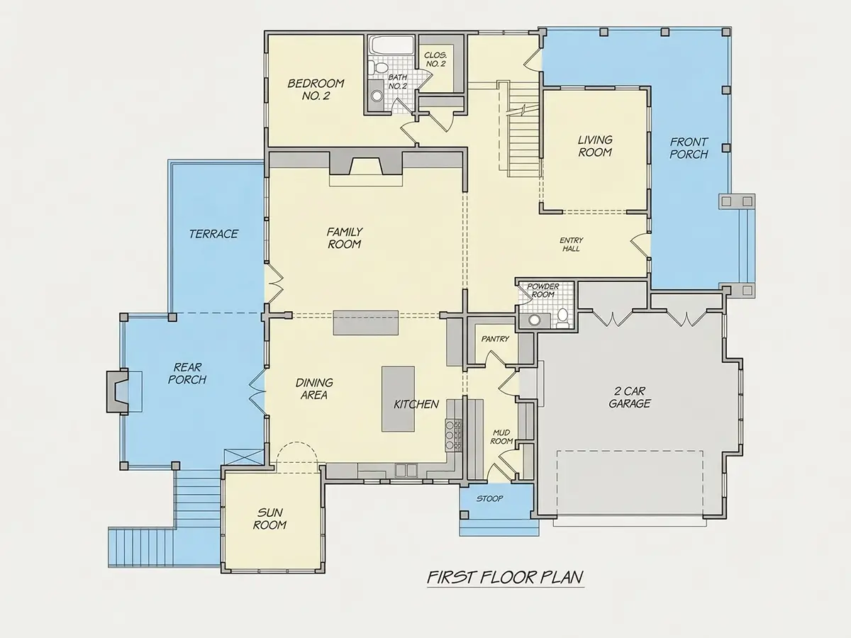 Pirmas Aukštas 33 – Dviejų aukštų namo projektas + rūsiu 630 m²: 6 Miegamieji, 6 Vonios, Atvira virtuvė, Garažas — 59624R