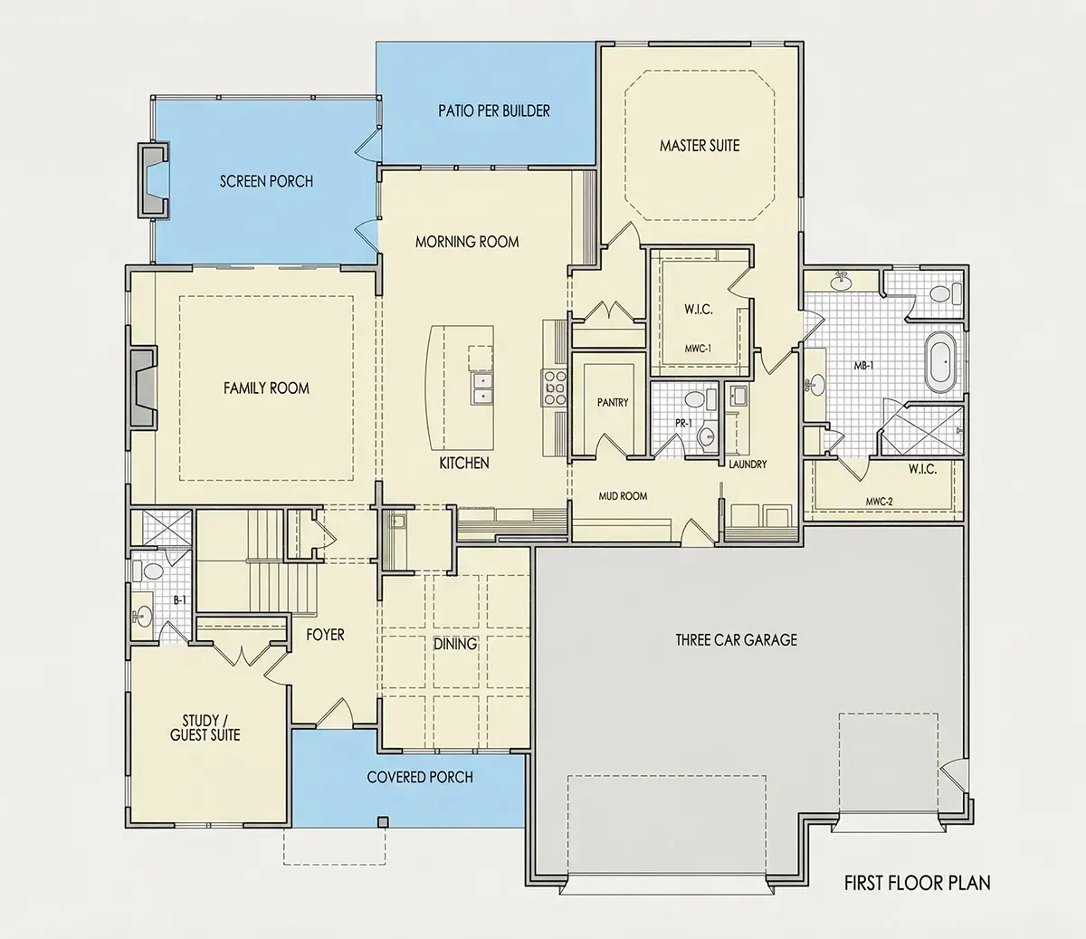 Pirmas Aukštas 9 – Dviejų aukštų namo projektas 384 m²: 4 Miegamieji, Darbo kambarys, 5 Vonios, Atvira virtuvė, Garažas — 50641R