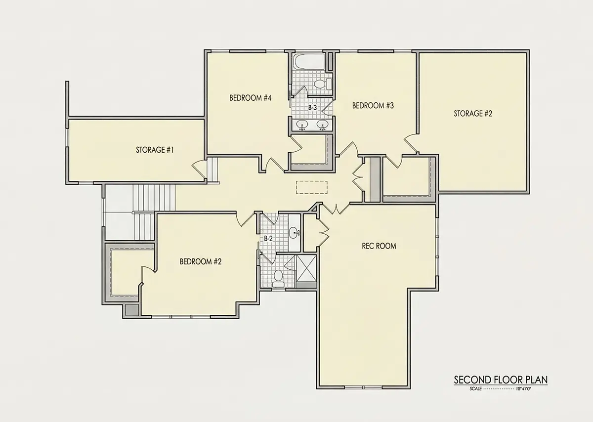 Antras Aukštas 10 – Dviejų aukštų namo projektas 384 m²: 4 Miegamieji, Darbo kambarys, 5 Vonios, Atvira virtuvė, Garažas — 50641R