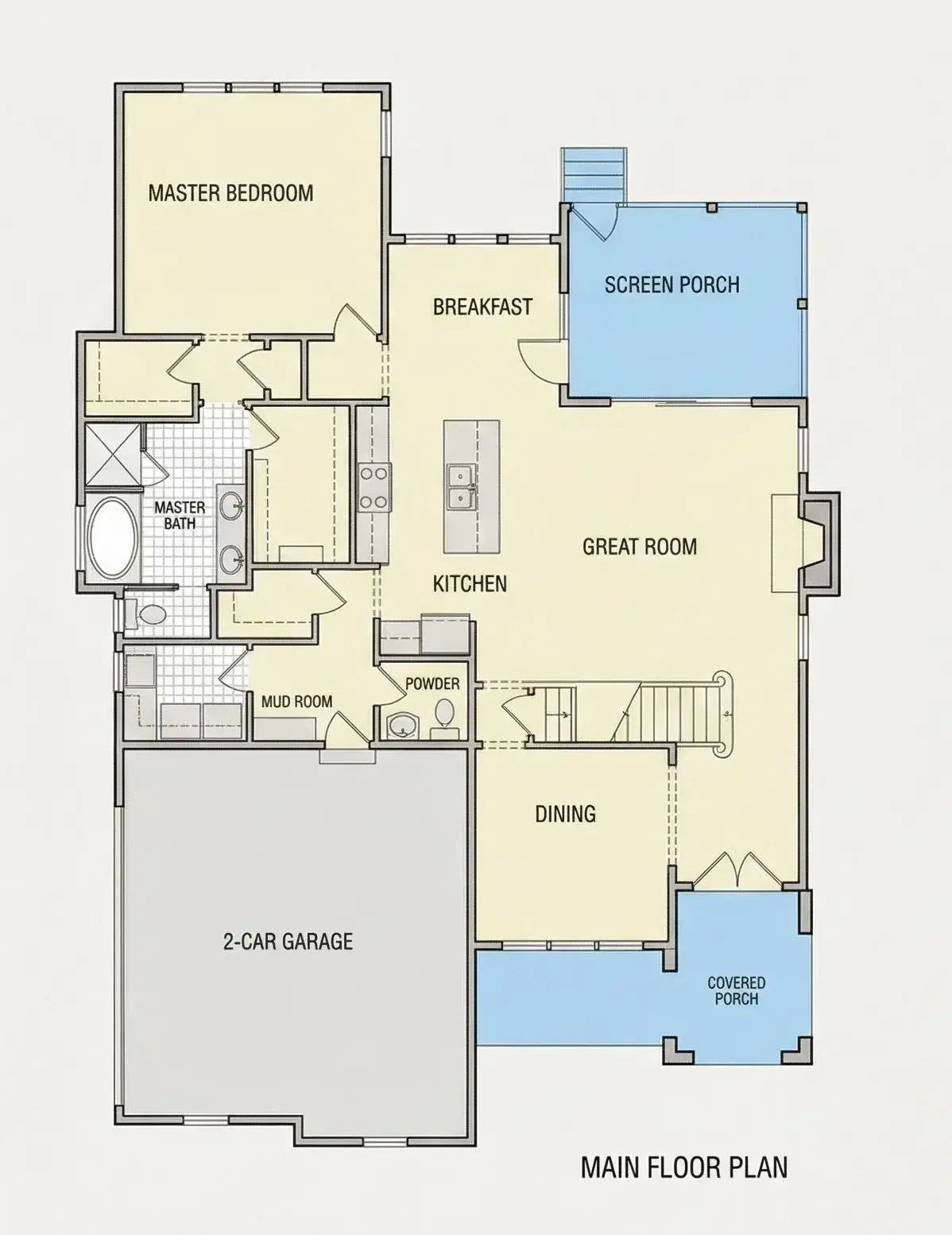 Pirmas Aukštas 18 – Dviejų aukštų namo projektas 318 m²: 5 Miegamieji, 4 Vonios, Atvira virtuvė, Garažas — 70890R