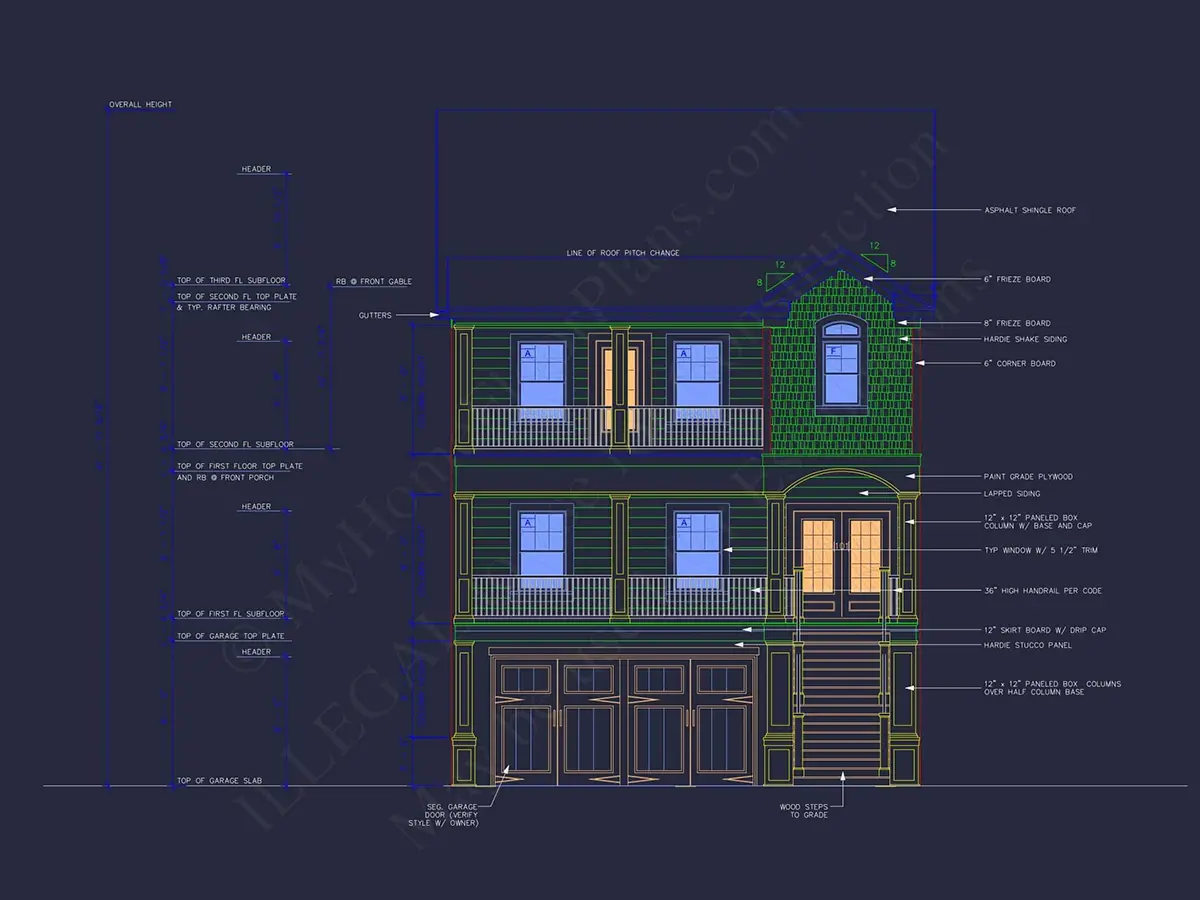Fasadai 20 – Trijų aukštų namo projektas 372 m²: 3 Miegamieji, 5 Vonios, Atvira virtuvė, Garažas — 58990R