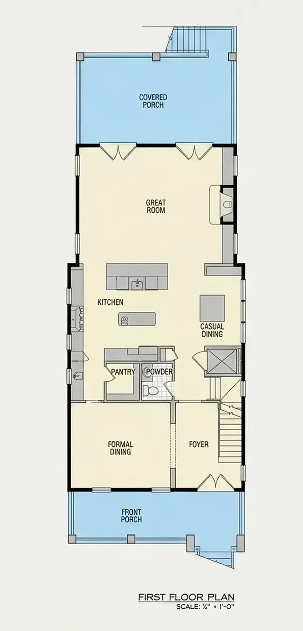 Pirmas Aukštas 25 – Trijų aukštų namo projektas 372 m²: 3 Miegamieji, 5 Vonios, Atvira virtuvė, Garažas — 58990R