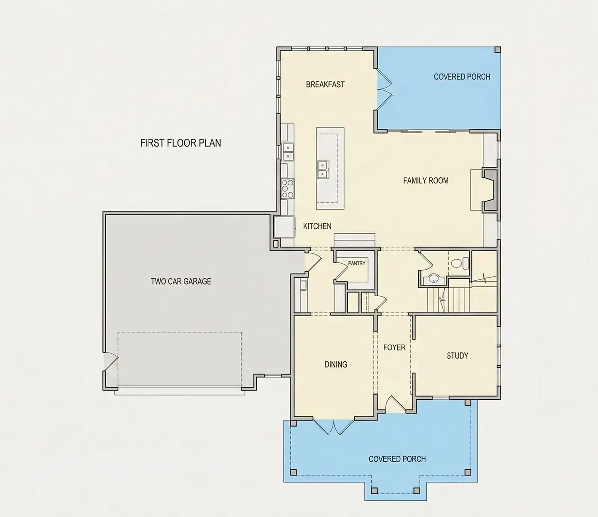 Pirmas Aukštas 22 – Dviejų aukštų namo projektas 293 m²: 3 Miegamieji, Darbo kambarys, 4 Vonios, Atvira virtuvė, Garažas — 21252R