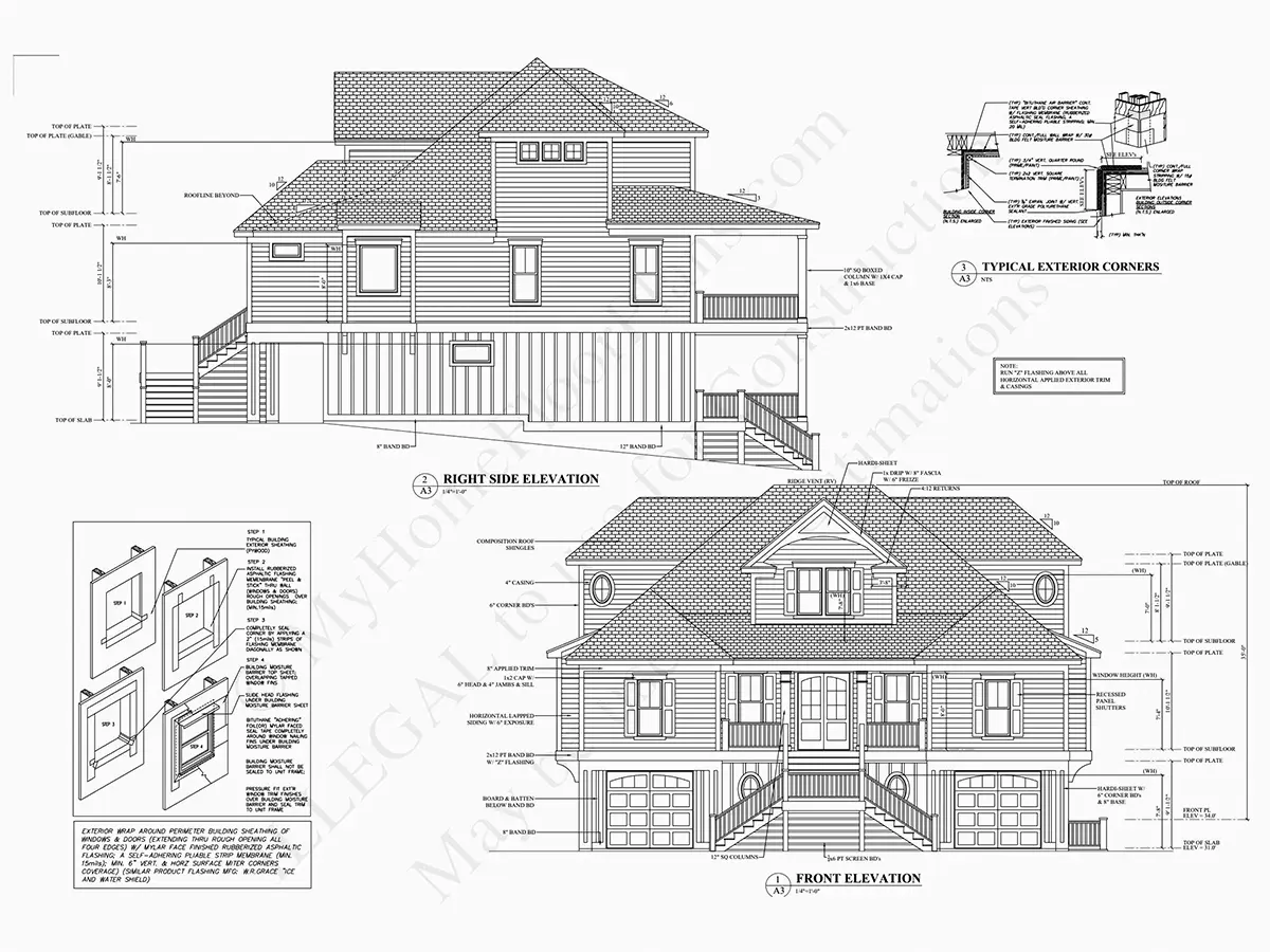 Fasadai 6 – Trijų aukštų namo projektas 434 m²: 4 Miegamieji, Darbo kambarys, 4 Vonios, Atvira virtuvė, Garažas — 92833R