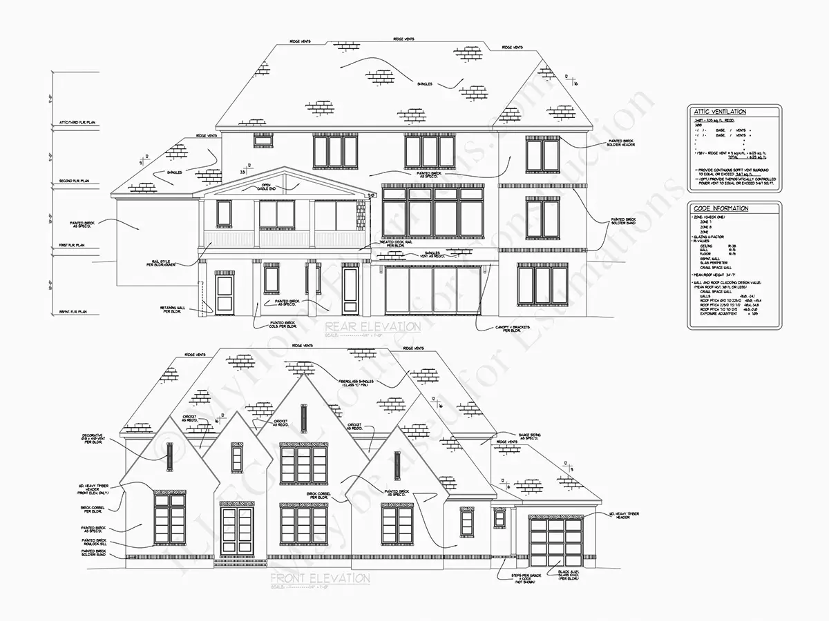 Fasadai 22 – Dviejų aukštų namo projektas + rūsiu 599 m²: 6 Miegamieji, Darbo kambarys, 8 Vonios, Atvira virtuvė, Garažas — 36963R