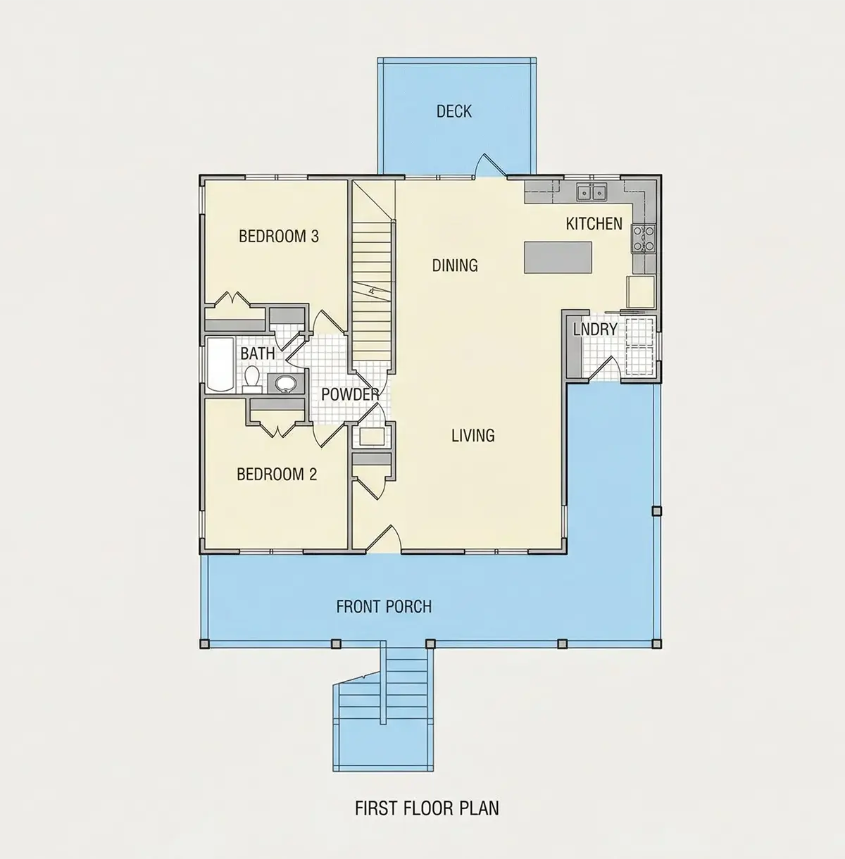 Pirmas Aukštas 9 – Trijų aukštų namo projektas 158 m²: 3 Miegamieji, Darbo kambarys, 2 Vonios, Atvira virtuvė, Garažas — 92700R