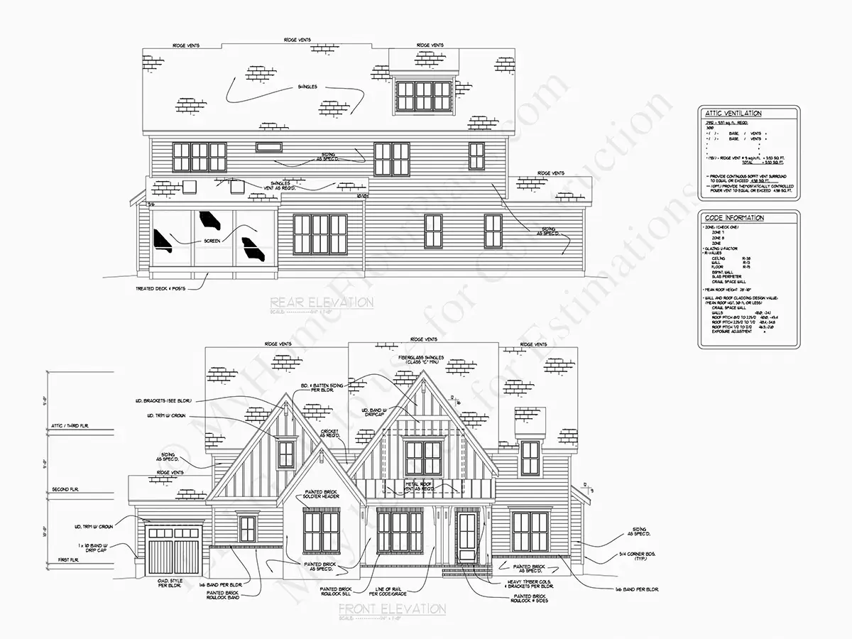 Fasadai 6 – Trijų aukštų namo projektas 372 m²: 5 Miegamieji, Darbo kambarys, 6 Vonios, Atvira virtuvė, Garažas — 29445R