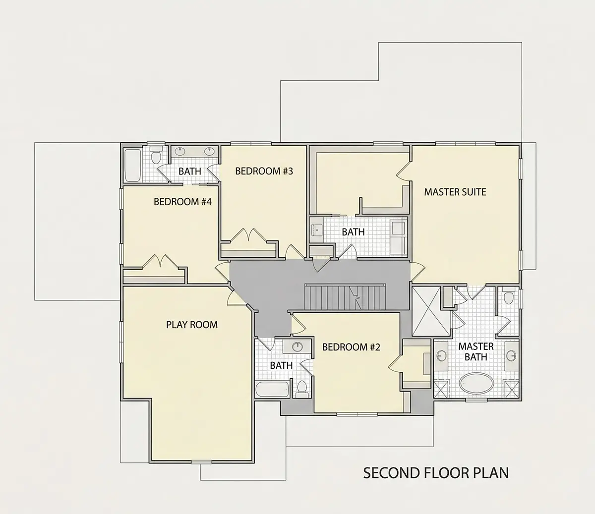 Antras Aukštas 9 – Trijų aukštų namo projektas 372 m²: 5 Miegamieji, Darbo kambarys, 6 Vonios, Atvira virtuvė, Garažas — 29445R
