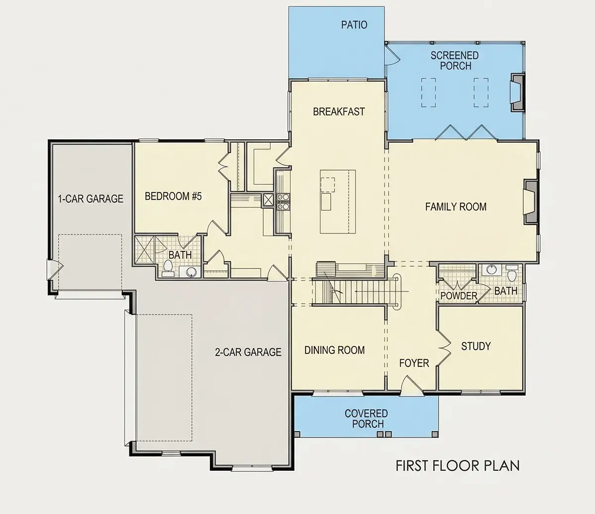 Pirmas Aukštas 8 – Trijų aukštų namo projektas 372 m²: 5 Miegamieji, Darbo kambarys, 6 Vonios, Atvira virtuvė, Garažas — 29445R
