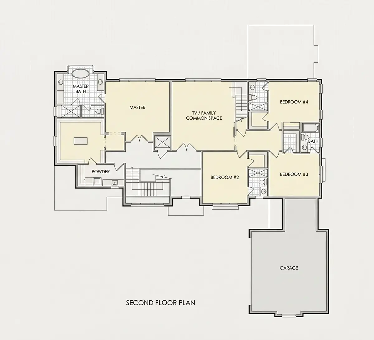 Antras Aukštas 21 – Trijų aukštų namo projektas 483 m²: 5 Miegamieji, Darbo kambarys, 6 Vonios, Atvira virtuvė, Garažas — 82660R
