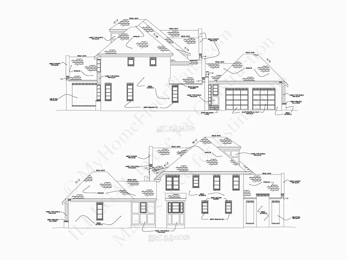 Fasadai 19 – Trijų aukštų namo projektas 483 m²: 5 Miegamieji, Darbo kambarys, 6 Vonios, Atvira virtuvė, Garažas — 82660R