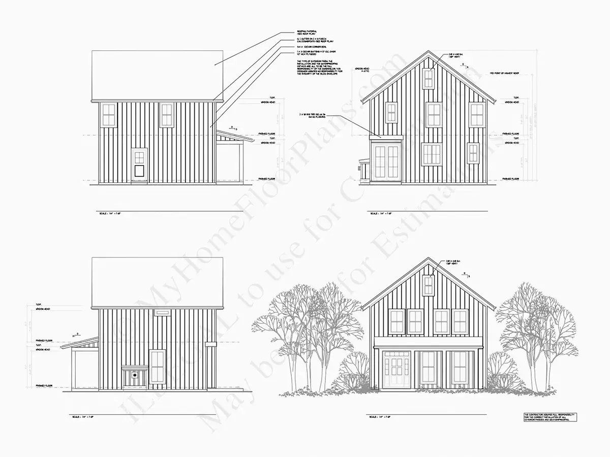 Fasadai 5 – Dviejų aukštų namo projektas 130 m²: 3 Miegamieji, 3 Vonios, Atvira virtuvė, be Garažo — 79238R