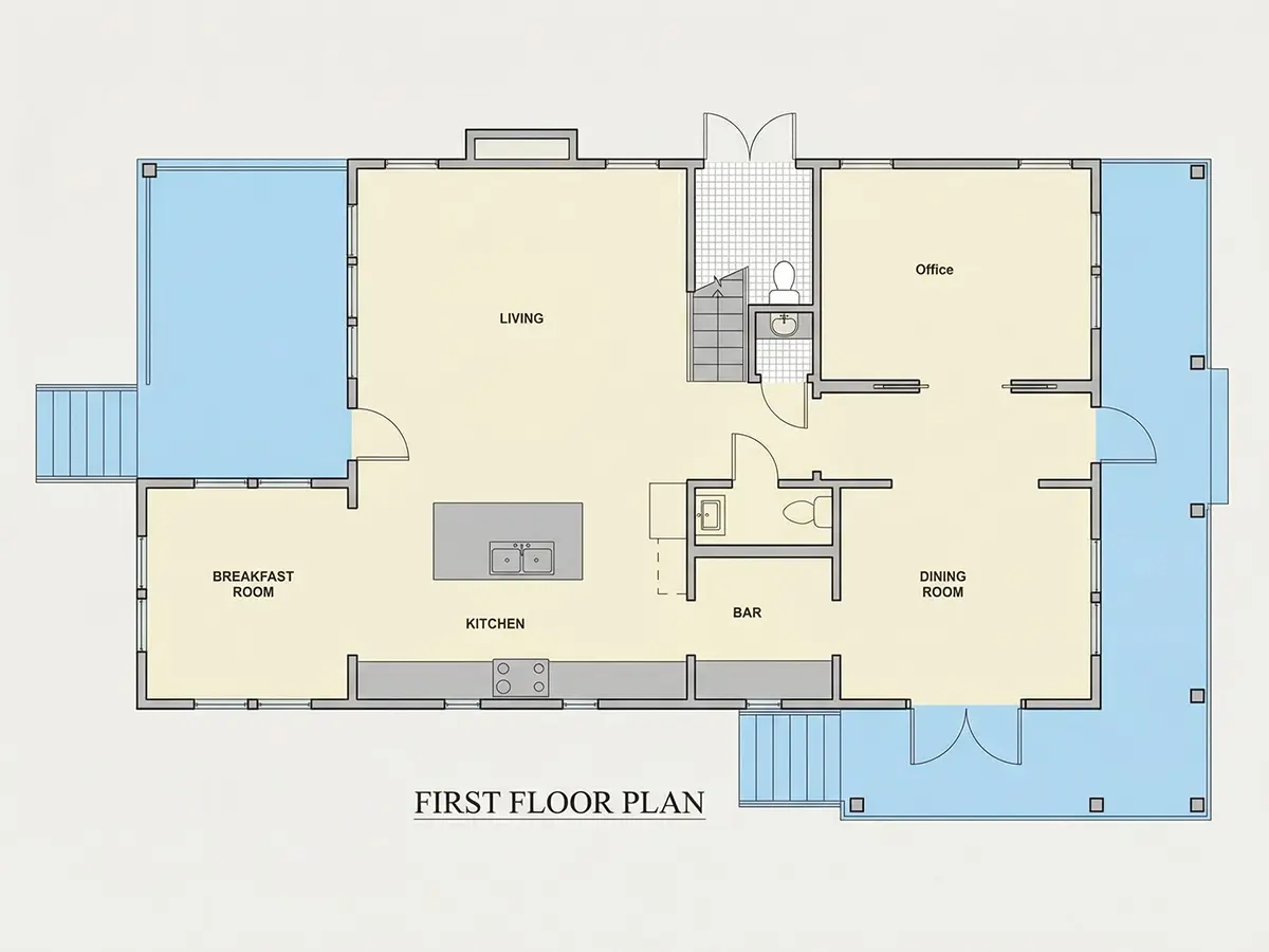 Pirmas Aukštas 23 – Dviejų aukštų namo projektas 246 m²: 3 Miegamieji, Darbo kambarys, 4 Vonios, Atvira virtuvė, be Garažo — 39006R