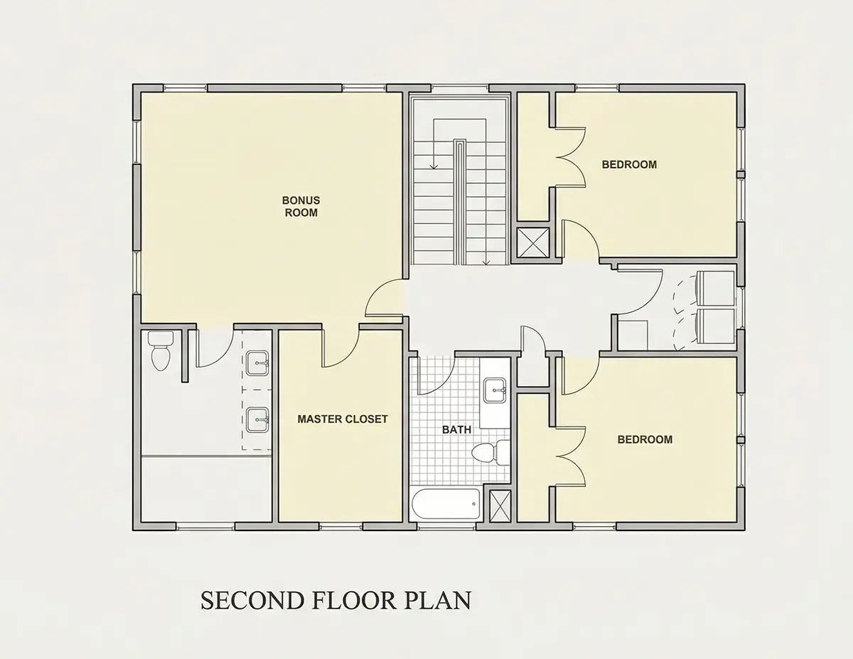 Antras Aukštas 24 – Dviejų aukštų namo projektas 246 m²: 3 Miegamieji, Darbo kambarys, 4 Vonios, Atvira virtuvė, be Garažo — 39006R