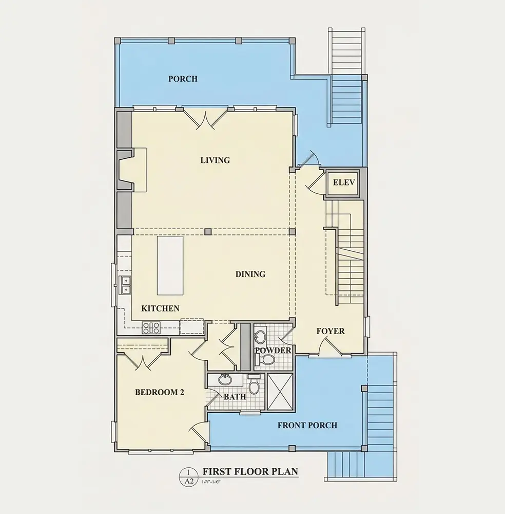 Pirmas Aukštas 9 – Trijų aukštų namo projektas 259 m²: 4 Miegamieji, 4 Vonios, Atvira virtuvė, Garažas — 70970R