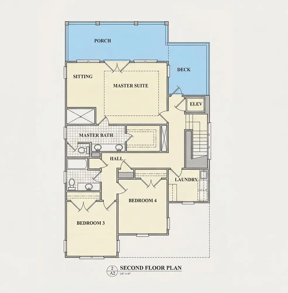 Antras Aukštas 10 – Trijų aukštų namo projektas 259 m²: 4 Miegamieji, 4 Vonios, Atvira virtuvė, Garažas — 70970R