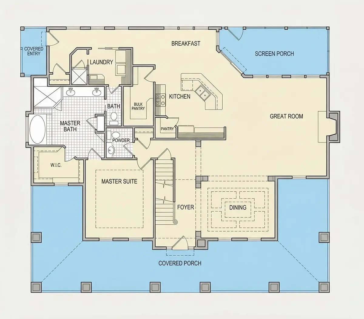 Pirmas Aukštas 6 – Namo projektas su mansarda 233 m²: 3 Miegamieji, 3 Vonios, Atvira virtuvė, be Garažo — 78316R