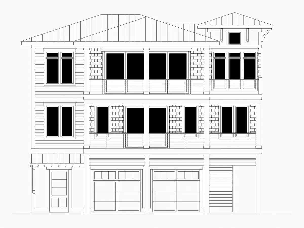 Fasadai 6 – Trijų aukštų namo projektas 308 m²: 4 Miegamieji, 5 Vonios, Atvira virtuvė, Garažas — 90946R