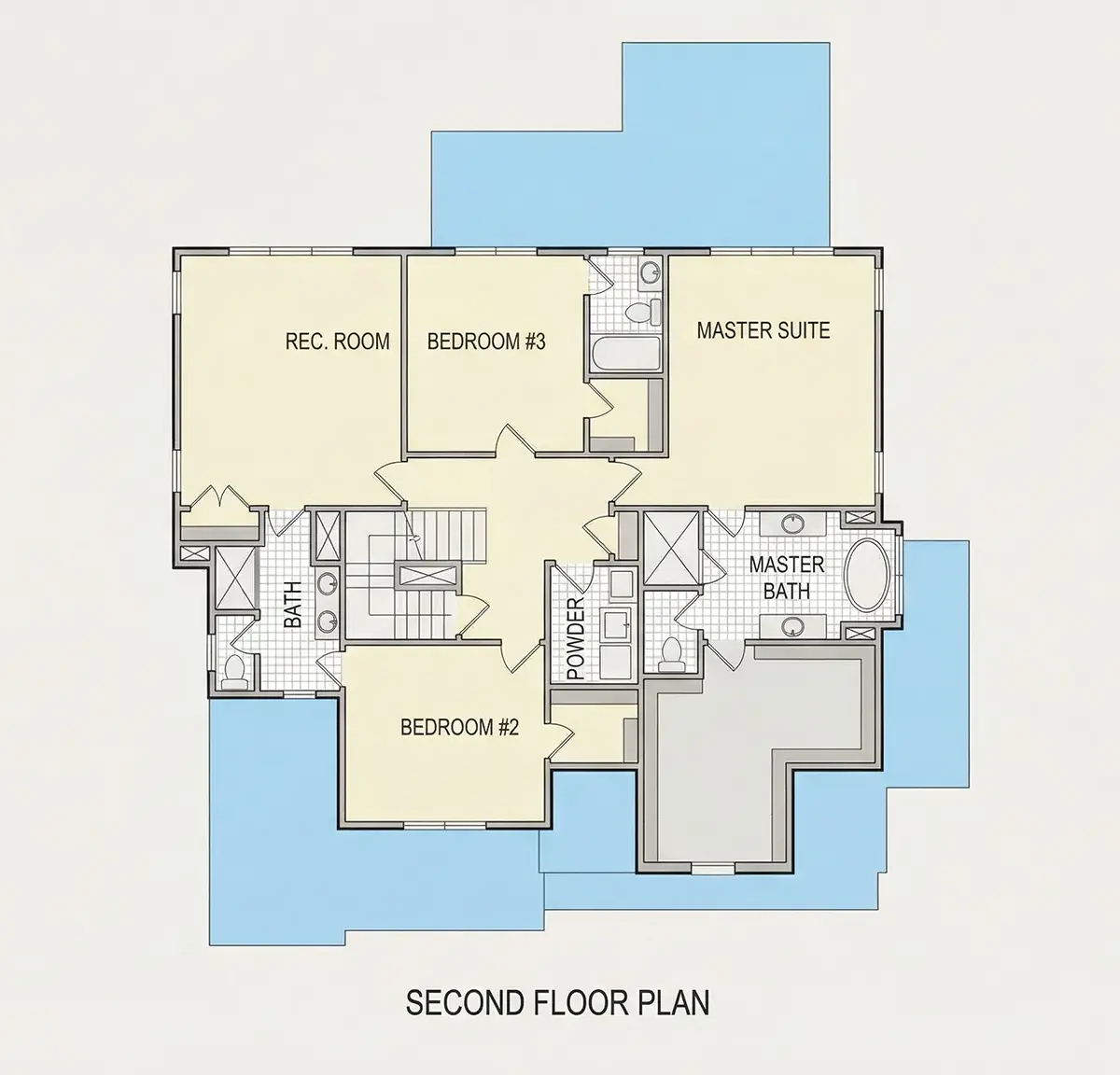 Antras Aukštas 9 – Dviejų aukštų namo projektas 299 m²: 4 Miegamieji, 5 Vonios, Atvira virtuvė, Garažas — 29805R