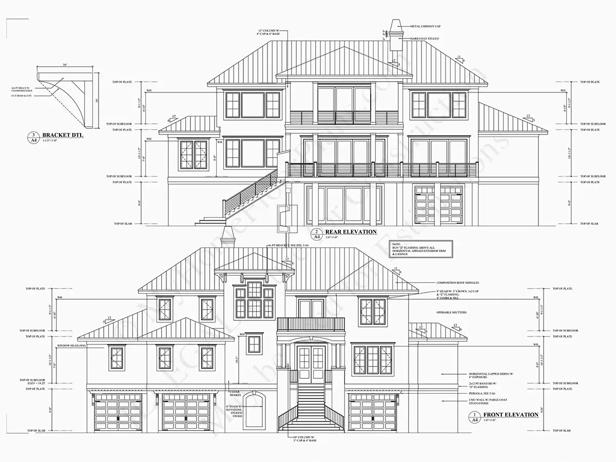 Fasadai 6 – Trijų aukštų namo projektas 573 m²: 4 Miegamieji, 6 Vonios, Atvira virtuvė, Garažas — 90915R