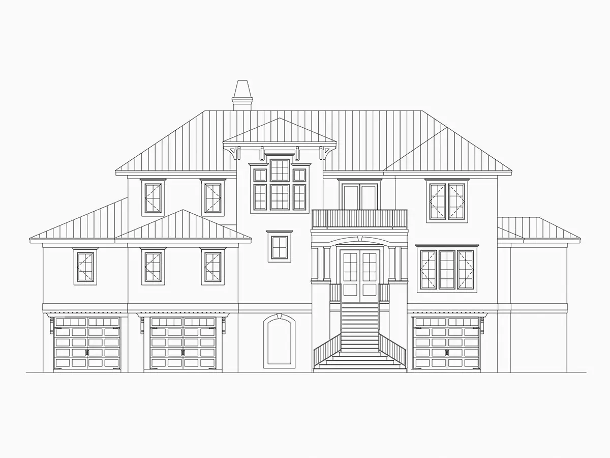 Fasadai 5 – Trijų aukštų namo projektas 573 m²: 4 Miegamieji, 6 Vonios, Atvira virtuvė, Garažas — 90915R