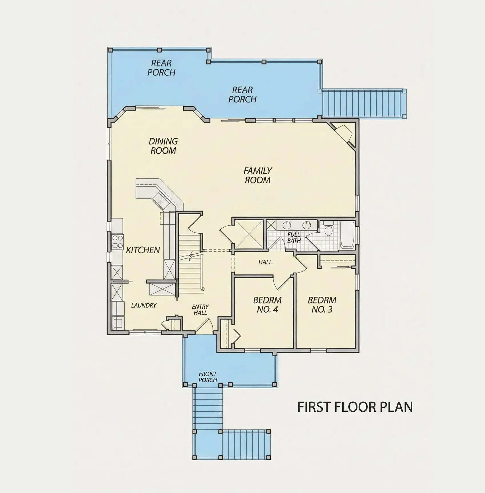 Pirmas Aukštas 9 – Trijų aukštų namo projektas 250 m²: 4 Miegamieji, 3 Vonios, Atvira virtuvė, Garažas — 25020R