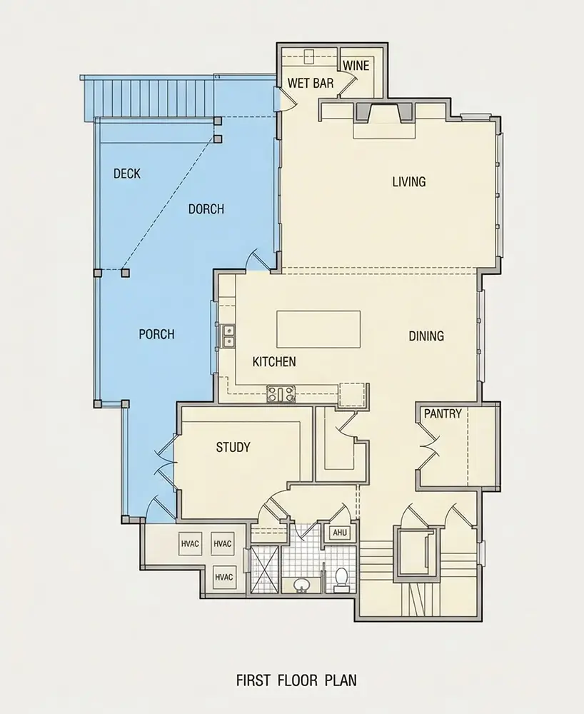 Pirmas Aukštas 12 – Trijų aukštų namo projektas 213 m²: 4 Miegamieji, Darbo kambarys, 6 Vonios, Atvira virtuvė, Garažas — 89404R