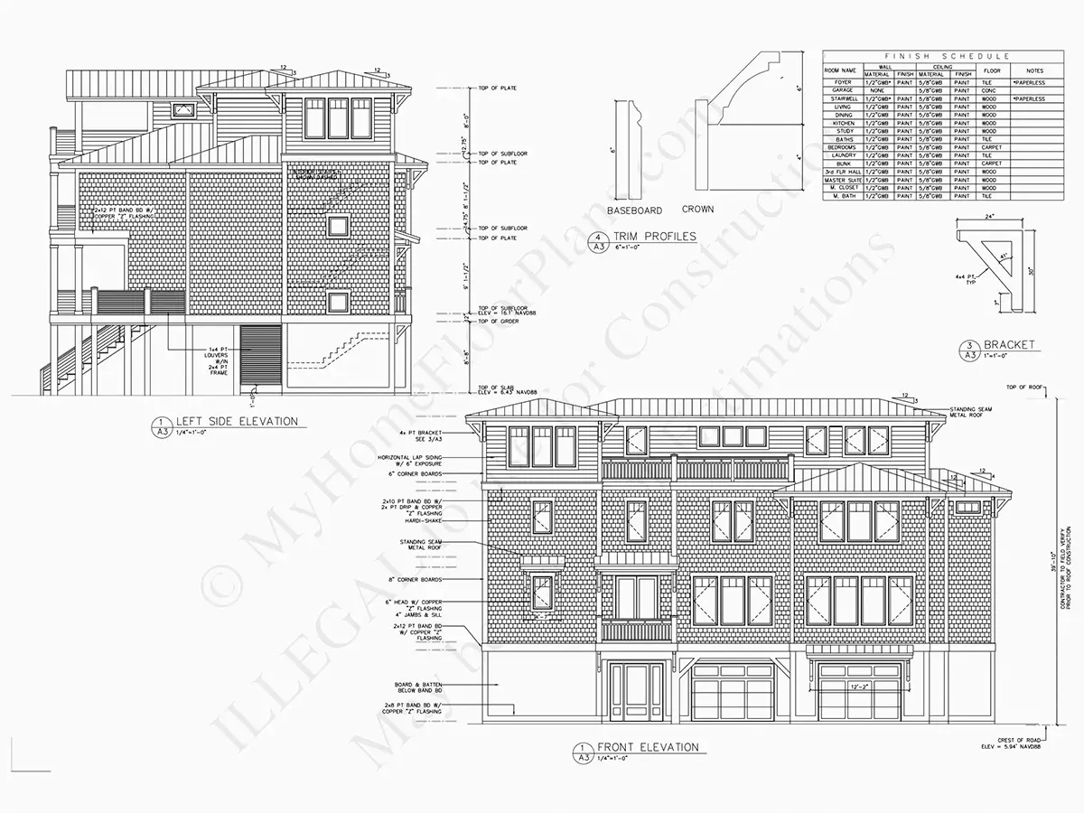 Fasadai 9 – Trijų aukštų namo projektas 213 m²: 4 Miegamieji, Darbo kambarys, 6 Vonios, Atvira virtuvė, Garažas — 89404R
