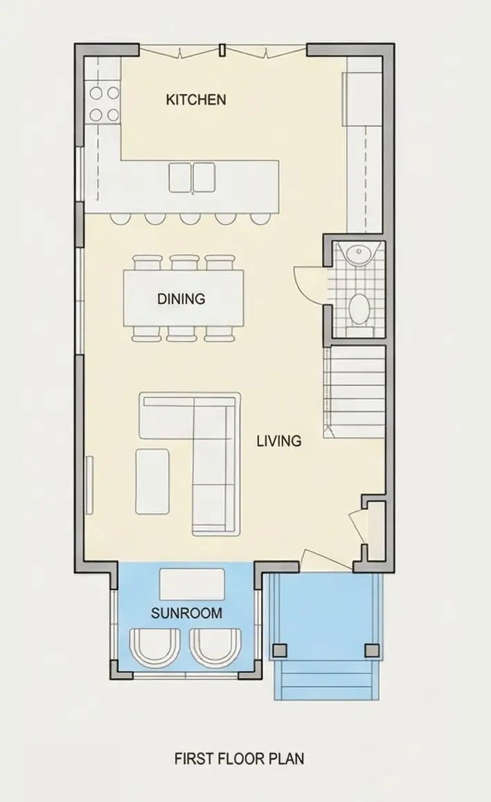Pirmas Aukštas 8 – Trijų aukštų namo projektas 158 m²: 3 Miegamieji, 3 Vonios, Atvira virtuvė, be Garažo — 46831R