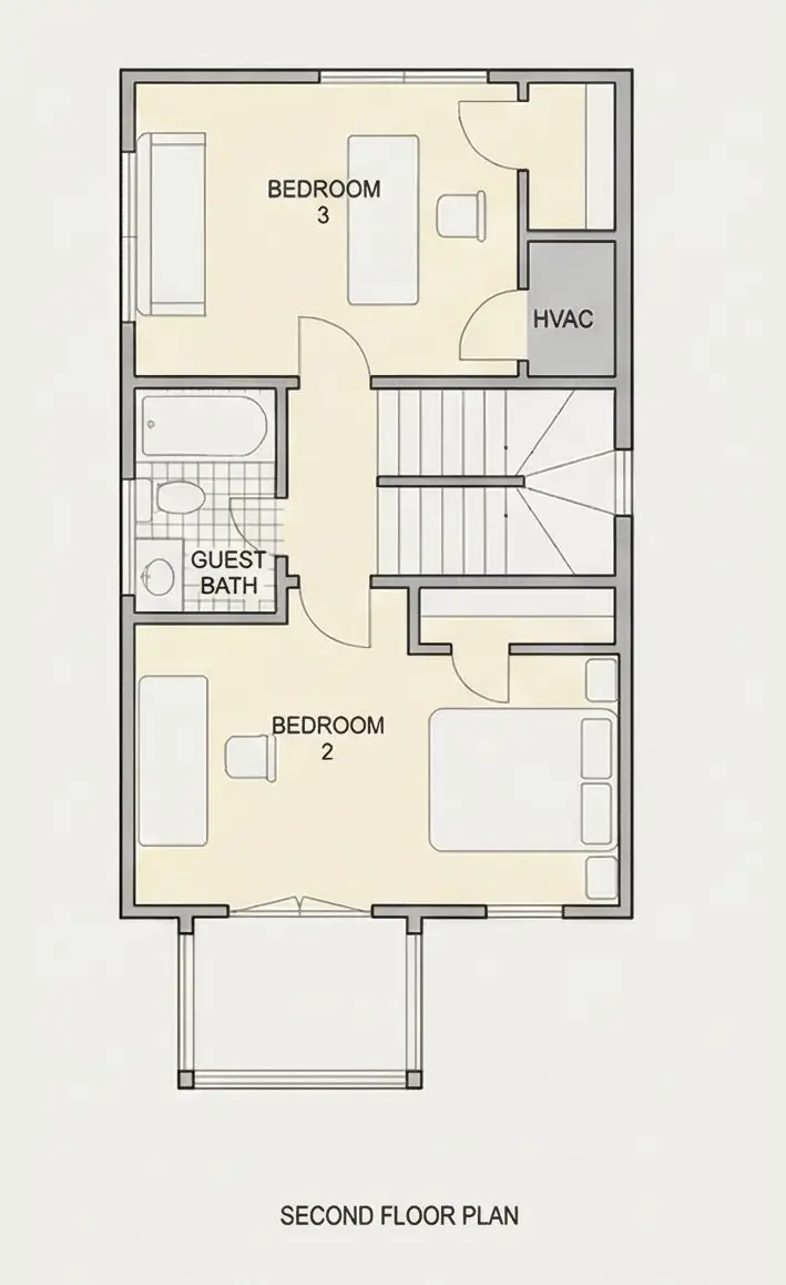 Antras Aukštas 9 – Trijų aukštų namo projektas 158 m²: 3 Miegamieji, 3 Vonios, Atvira virtuvė, be Garažo — 46831R