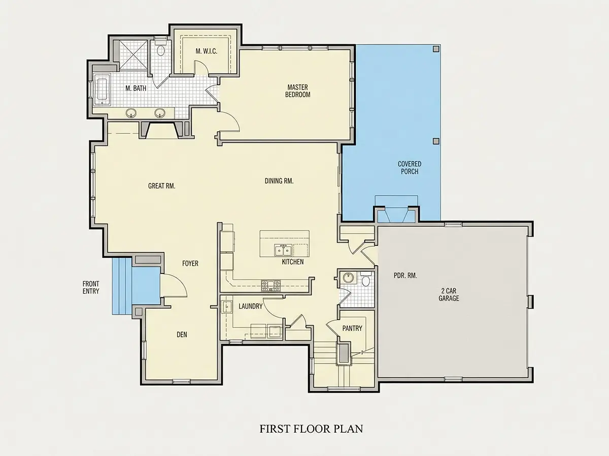 Pirmas Aukštas 21 – Namo projektas su mansarda 176 m²: 3 Miegamieji, Darbo kambarys, 4 Vonios, Atvira virtuvė, Garažas — 91640R