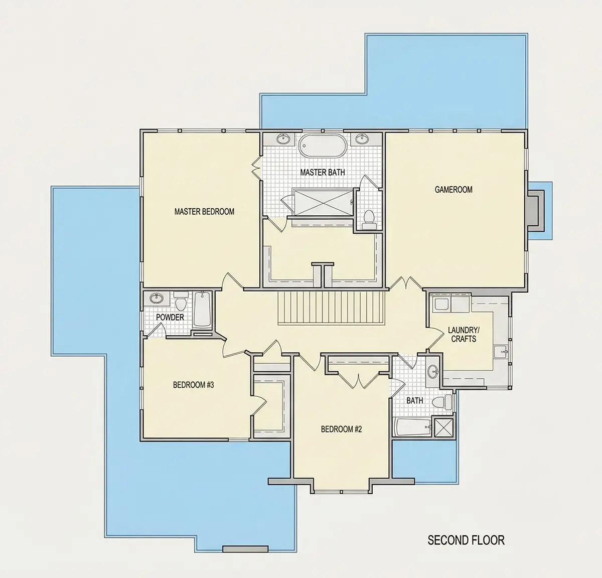 Antras Aukštas 13 – Dviejų aukštų namo projektas 334 m²: 4 Miegamieji, Darbo kambarys, 5 Vonios, Atvira virtuvė, Garažas — 74831R