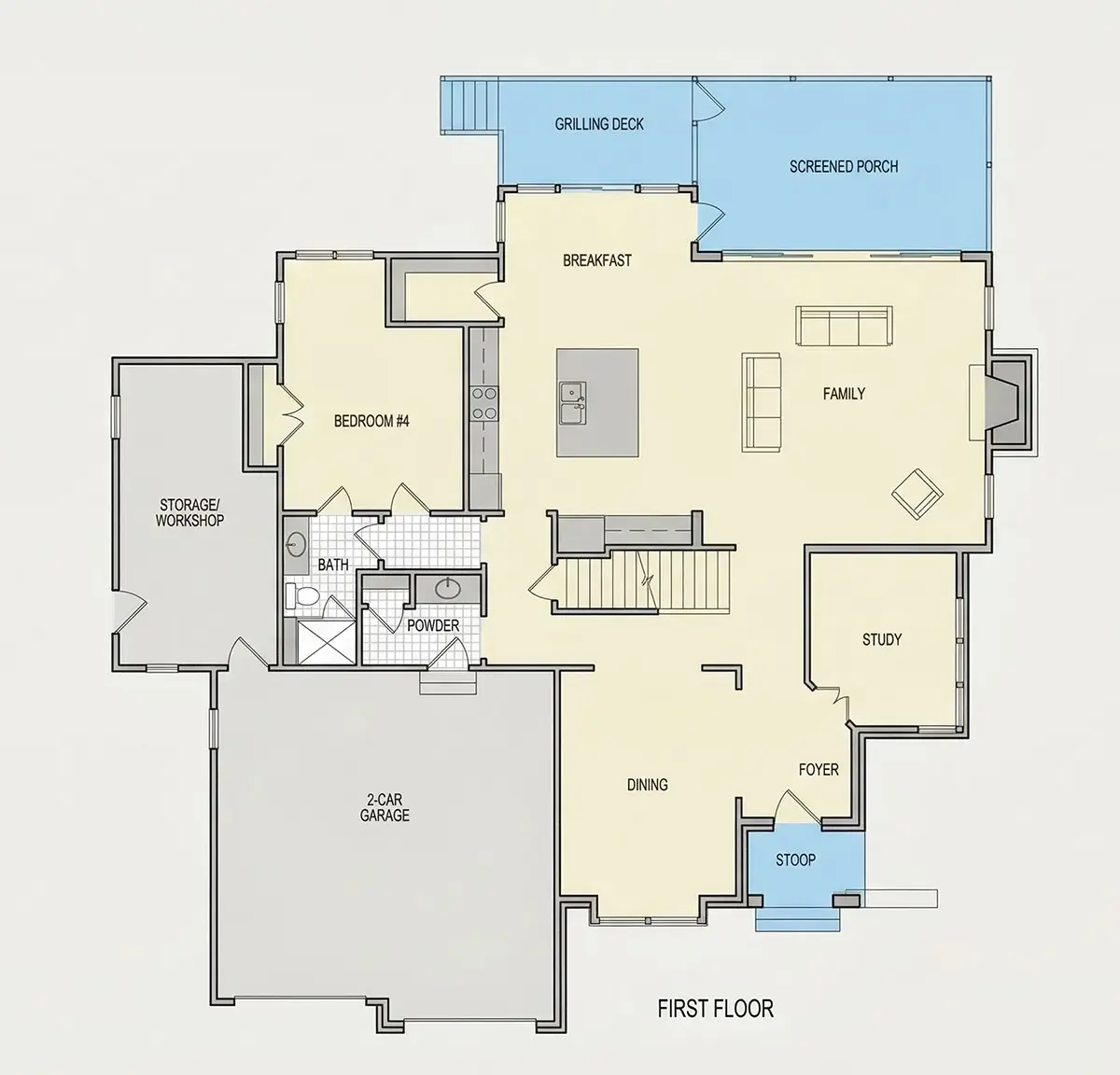 Pirmas Aukštas 12 – Dviejų aukštų namo projektas 334 m²: 4 Miegamieji, Darbo kambarys, 5 Vonios, Atvira virtuvė, Garažas — 74831R