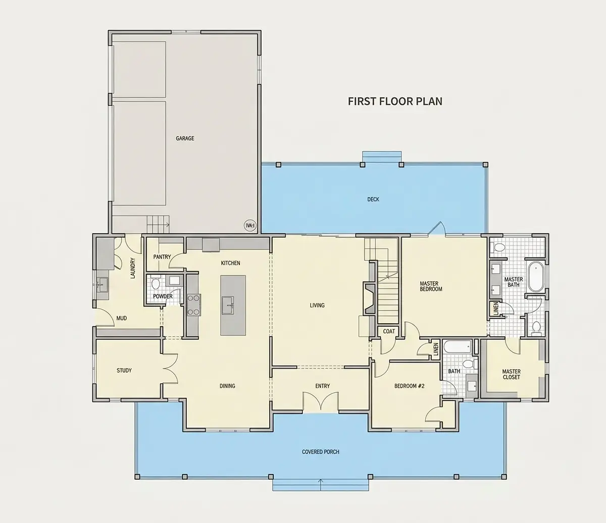 Pirmas Aukštas 21 – Namo projektas su mansarda 341 m²: 4 Miegamieji, Darbo kambarys, 5 Vonios, Atvira virtuvė, Garažas — 11321R