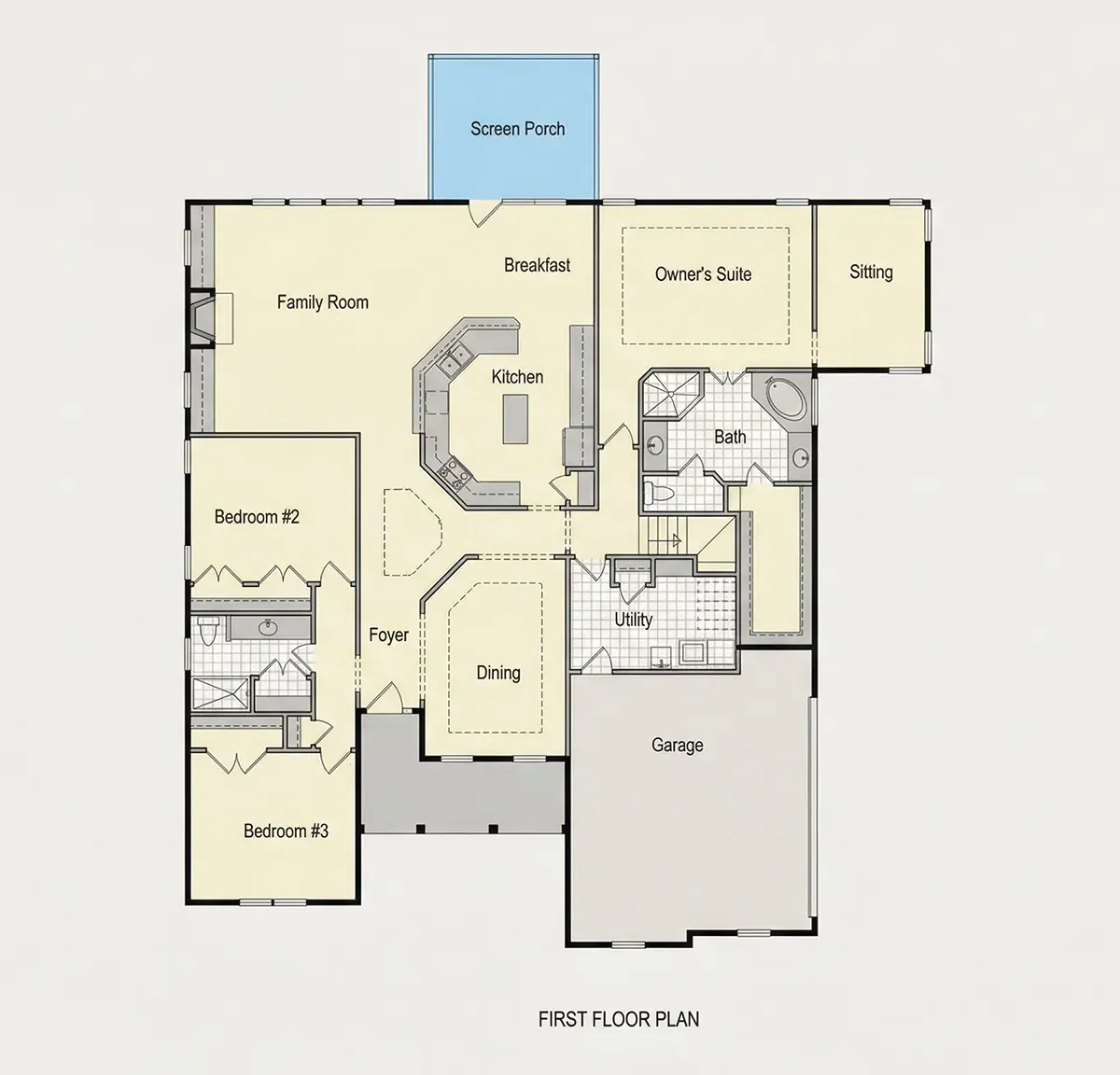Pirmas Aukštas 27 – Namo projektas su mansarda 263 m²: 3 Miegamieji, 3 Vonios, Atvira virtuvė, Garažas — 85125R